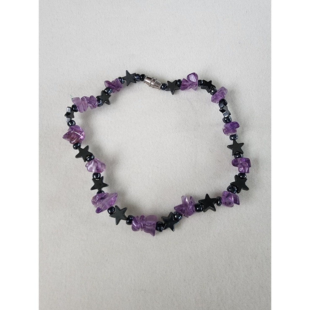 Genuine AMETHYST Chip With Gunmetal Gray Stars Bracelet Hand Crafted FREE $HIP!! - Picture 1 of 5